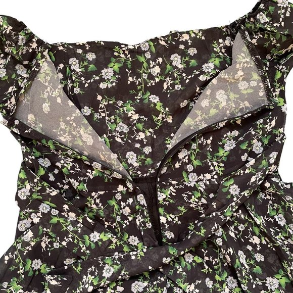 Womens Boho Playsuit Romper Small S Black Green Floral Off The Shoulders Lined - Picture 13 of 16